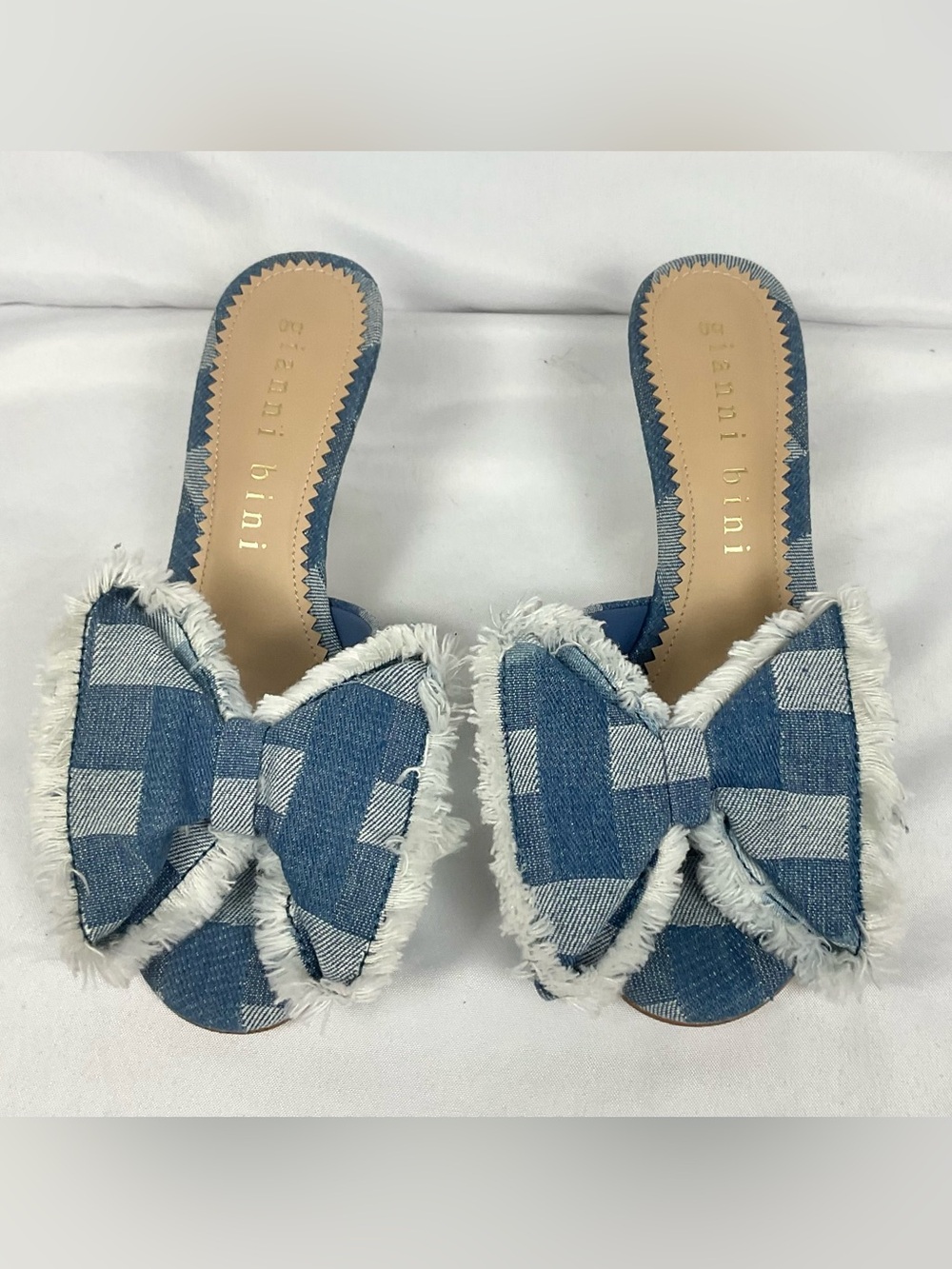 Gianni Bini Wendell Sandals Patchwork Denim Bow Gingham Mule Heels Blue Sz 7.5